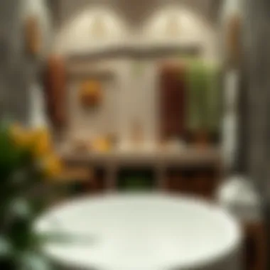 An artistic arrangement of forest-themed towels and organic materials in a bathroom space