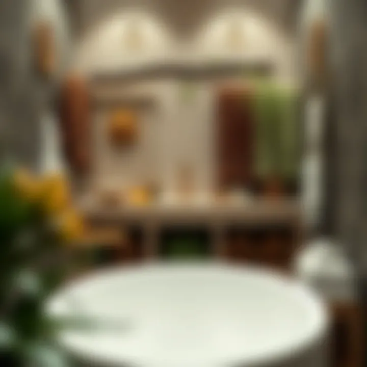 An artistic arrangement of forest-themed towels and organic materials in a bathroom space