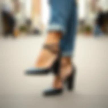 Black block heels contrasted with casual denim