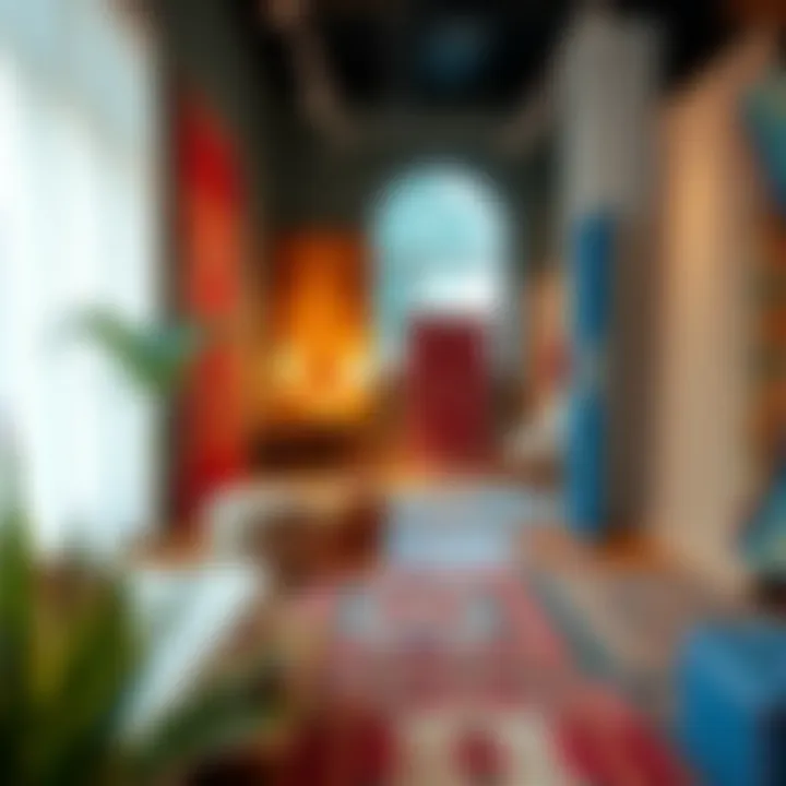 Aesthetic display of bohemian geometric rugs in a design showroom