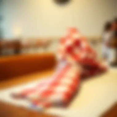 Close-up of a beautifully folded checkered cloth napkin on a dining table