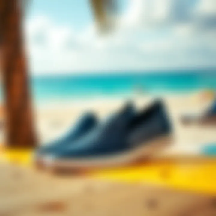 Trendsetting Slip-On Pool Shoes on a Colorful Beach Scene Trendy slip-on pool shoes displayed against vibrant beach backdrop