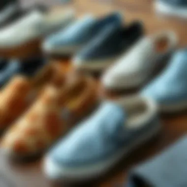 Diverse Styles of Slip-On Pool Shoes Showcased Creatively Various styles of slip-on pool shoes arranged on a wooden surface