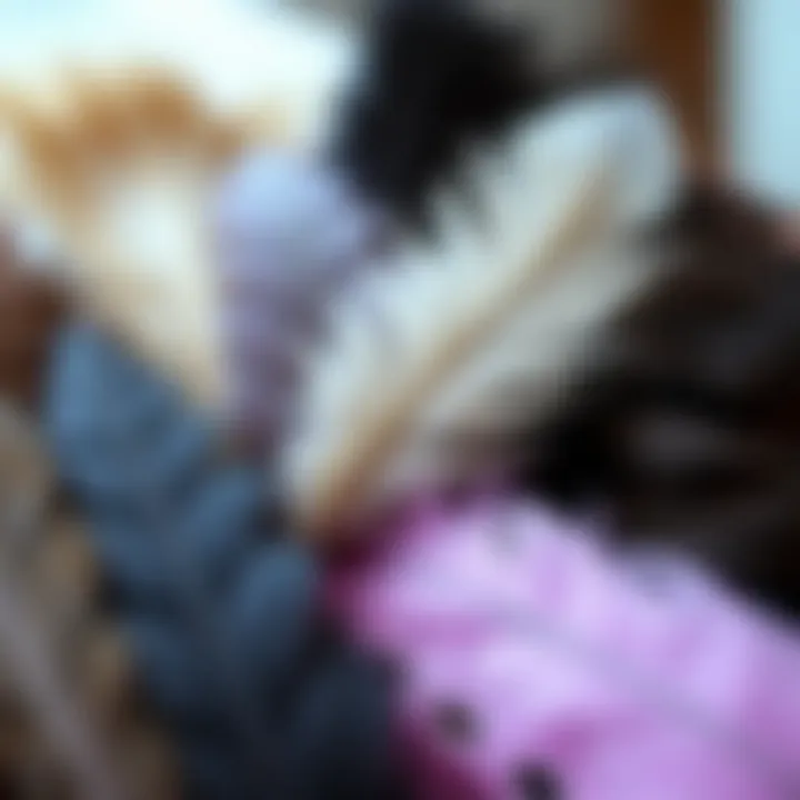 An artistic arrangement of feather hair extension clips in different lengths and designs.