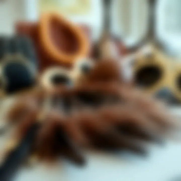 A beautiful display of feather hair extension clips against a backdrop of fashion accessories.