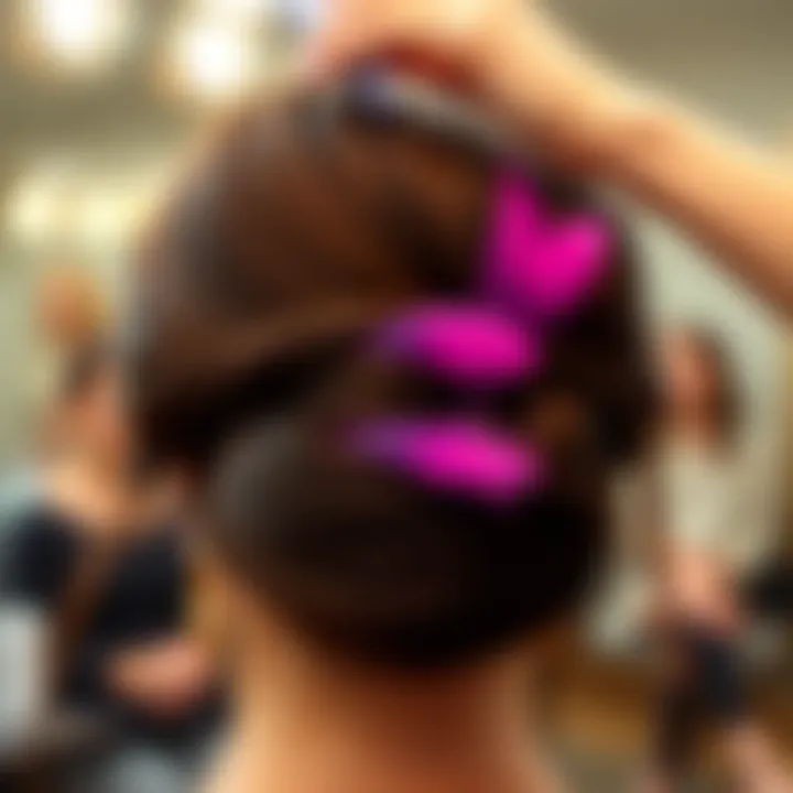 A detailed view of feather hair extension clips being styled in a hairdo.