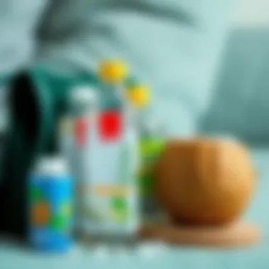 A close-up of hydration items like electrolyte drinks and coconut water.