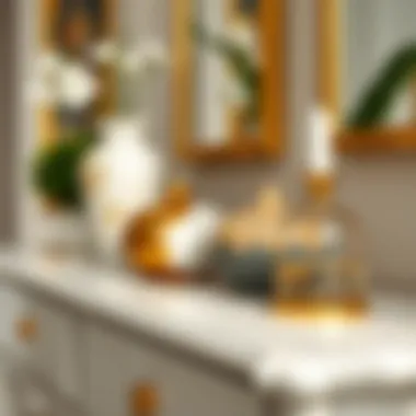Close-up of white and gold table with decorative objects