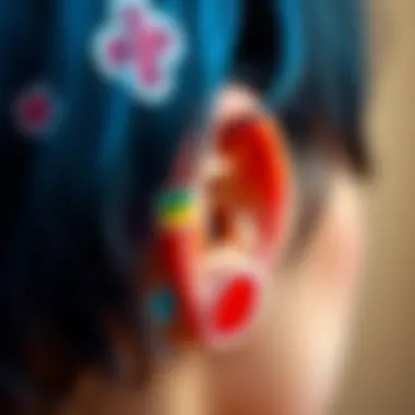 Colorful Ear Artistry Close-up of an ear adorned with colorful stickers that blend fashion and art