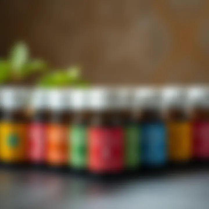 Bottles of essential oils with labels for each chakra