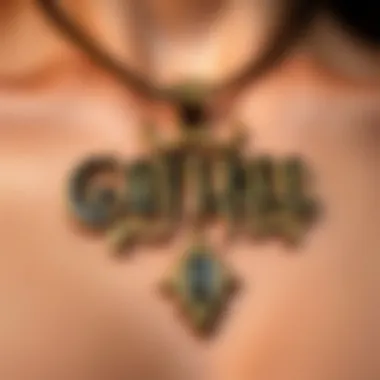 A close-up of an intricately designed gothic font necklace showcasing unique lettering