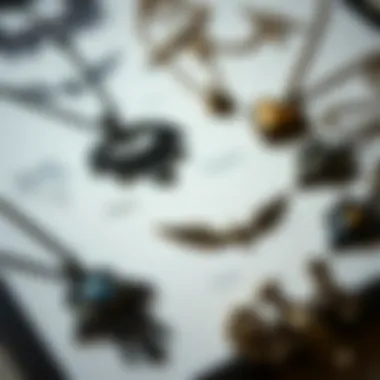 A visually striking arrangement of gothic font necklaces along with sketches of their designs