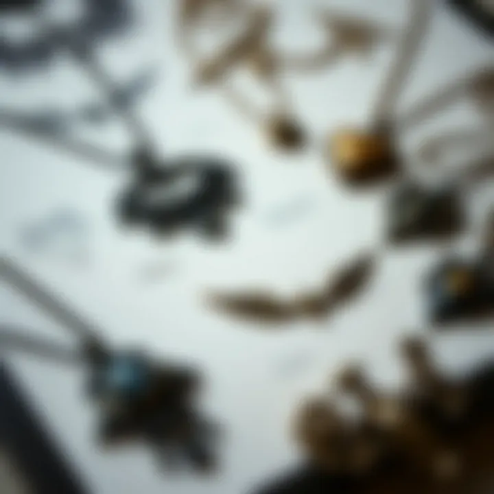 A visually striking arrangement of gothic font necklaces along with sketches of their designs