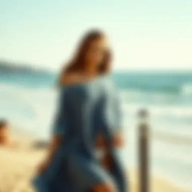 Model showcasing stylish beach cover-up in a seaside setting