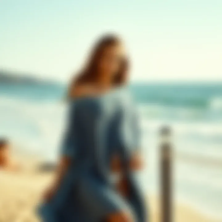 Model showcasing stylish beach cover-up in a seaside setting