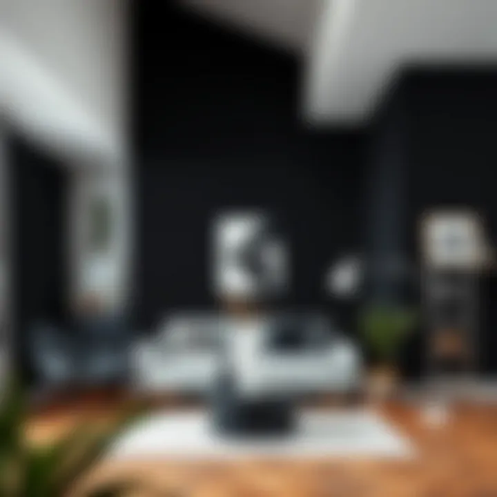 Diverse interior settings featuring black self-adhesive wallpaper