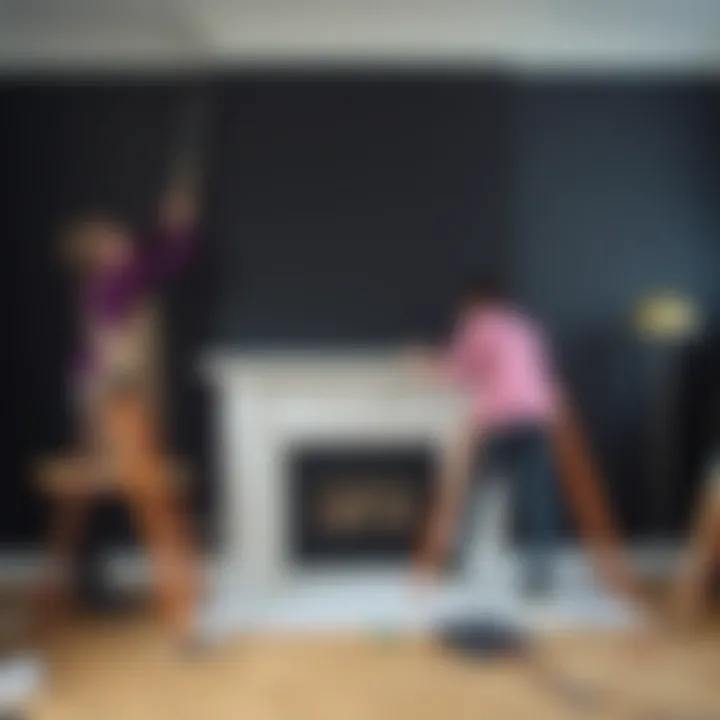 Black self-adhesive wallpaper installation in progress