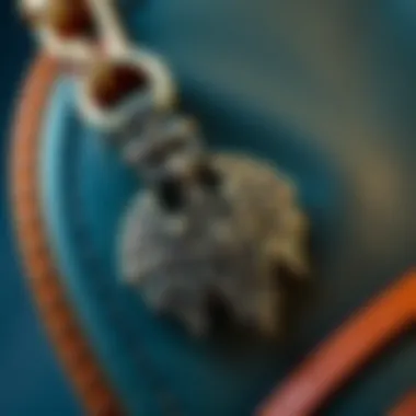 A close-up of a unique bookbag charm with intricate detailing