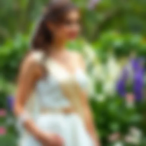 Elegant bride-to-be showcasing a sash in a beautiful garden setting