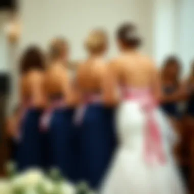 Bridesmaids' Harmony: Coordinated Sashes Stylish bridesmaids wearing complementary sashes at a wedding