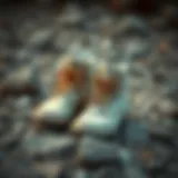 A pair of stylish canvas hiking boots on rocky terrain