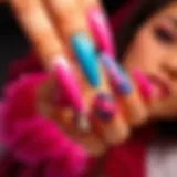 An elegant display of long fake nails showcasing vibrant colors and intricate designs.