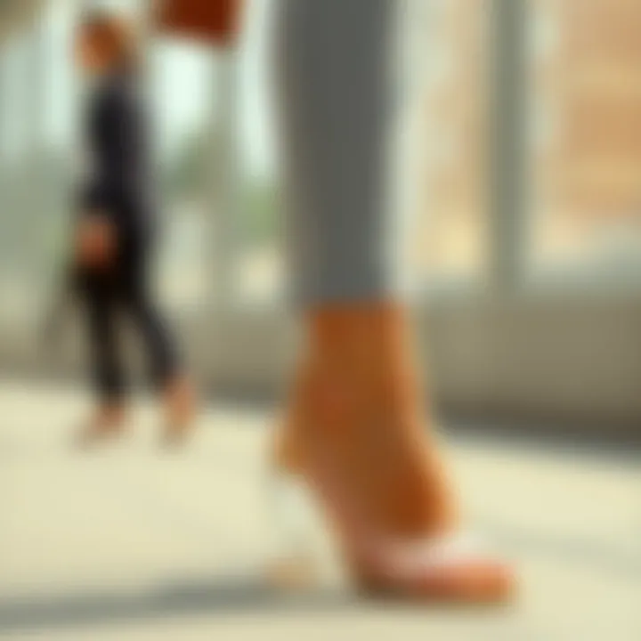 Stylish ensemble featuring clear small heel sandals