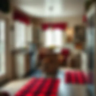 A cozy kitchen nook featuring red buffalo plaid rugs complementing rustic decor