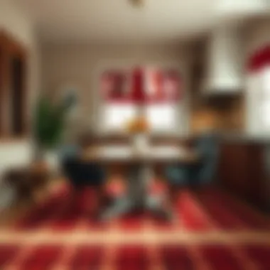 Red buffalo plaid kitchen rug placed under a dining table enhancing the overall ambiance