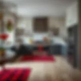A beautifully arranged kitchen showcasing red buffalo plaid rugs against contemporary cabinetry