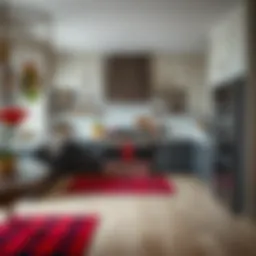 A beautifully arranged kitchen showcasing red buffalo plaid rugs against contemporary cabinetry