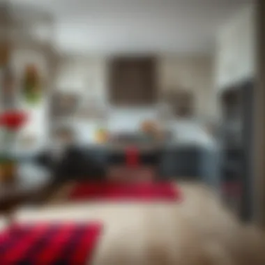 A beautifully arranged kitchen showcasing red buffalo plaid rugs against contemporary cabinetry