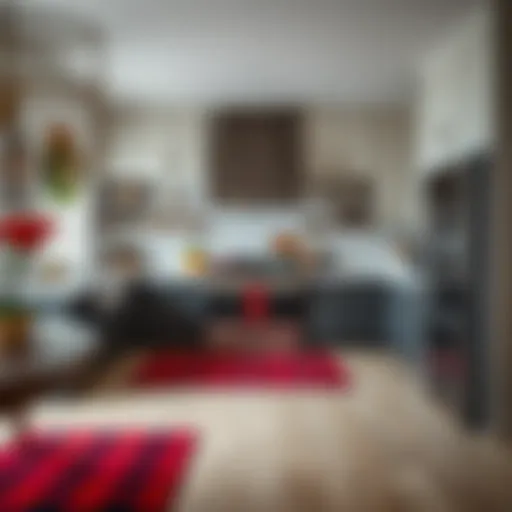 A beautifully arranged kitchen showcasing red buffalo plaid rugs against contemporary cabinetry