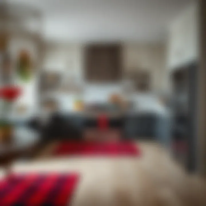 A beautifully arranged kitchen showcasing red buffalo plaid rugs against contemporary cabinetry