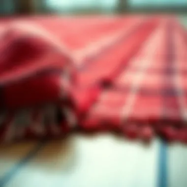 Close-up of a red buffalo plaid rug highlighting its intricate weaving and texture