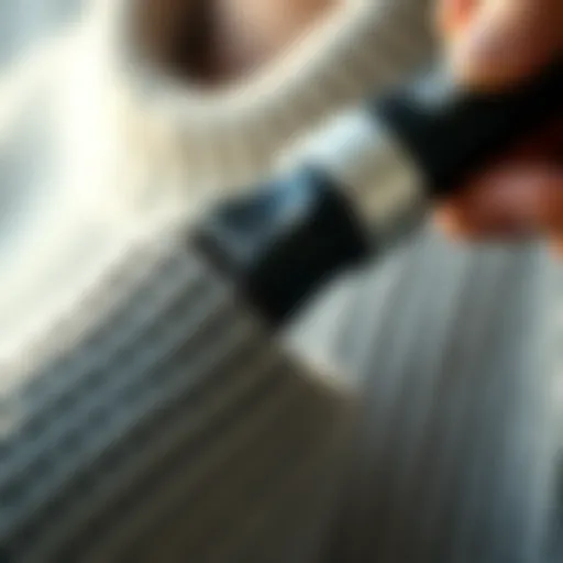 A close-up view of a fabric shaver in action removing fuzz from a sweater