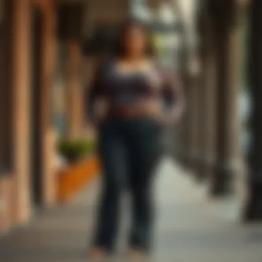 A plus size individual confidently wearing fit and flare pants.