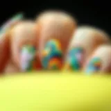 A close-up of vibrant full coverage gel nails showcasing intricate designs and textures.