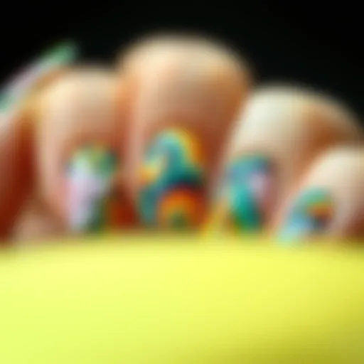 A close-up of vibrant full coverage gel nails showcasing intricate designs and textures.