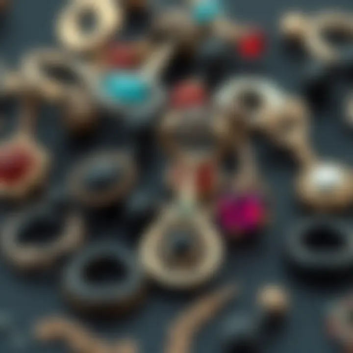 A collection of unique goth belly button rings showcasing intricate designs and materials