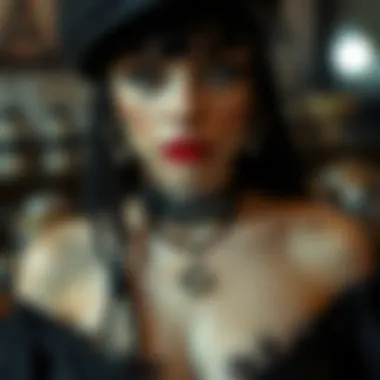 Stylish goth aesthetic featuring a model adorned with gothic accessories and a belly button ring