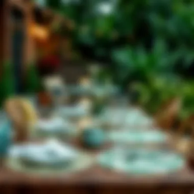 Chic Outdoor Dining with Green Floral Placemats Trendy green floral placemats arranged for an outdoor dining experience