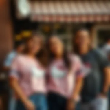 Group of friends wearing Hello Kitty shirts at a casual gathering