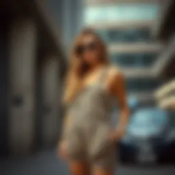 A stylish model showcasing leopard print overalls in an urban setting
