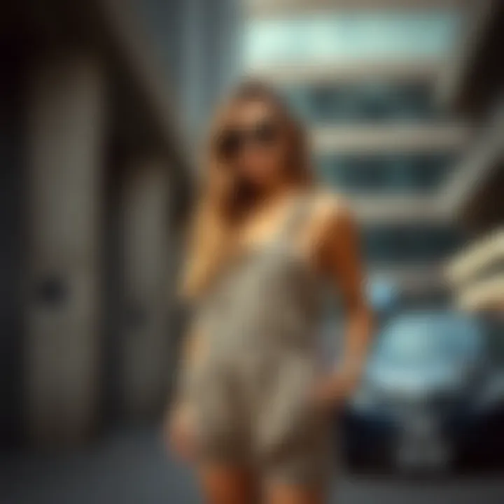 A stylish model showcasing leopard print overalls in an urban setting