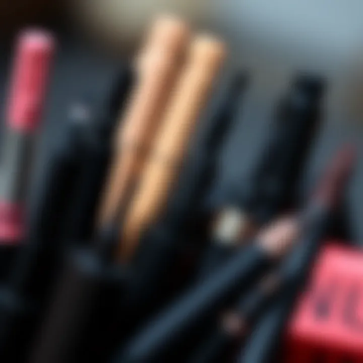 A close-up view of various liquid eyeliner sets showcasing different applicator styles.