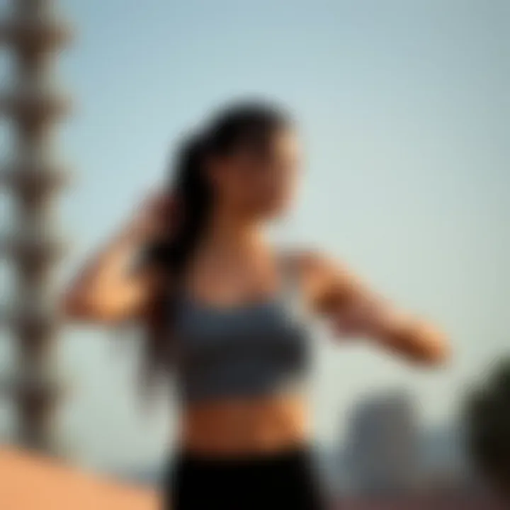 A model demonstrating the versatility of styling the longline sports bra tank.