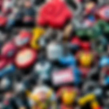 A diverse array of Marvel key chains arranged artistically, representing various fandoms.