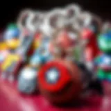 A vibrant collection of Marvel key chains showcasing iconic characters and symbols.