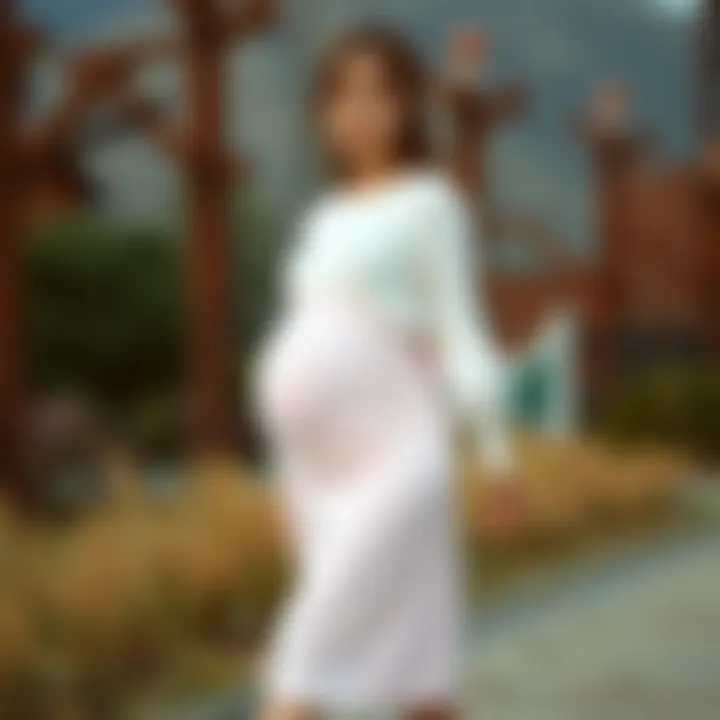 Elegance in Maternity Fashion Elegant maternity high waisted skirt showcased in a scenic outdoor setting